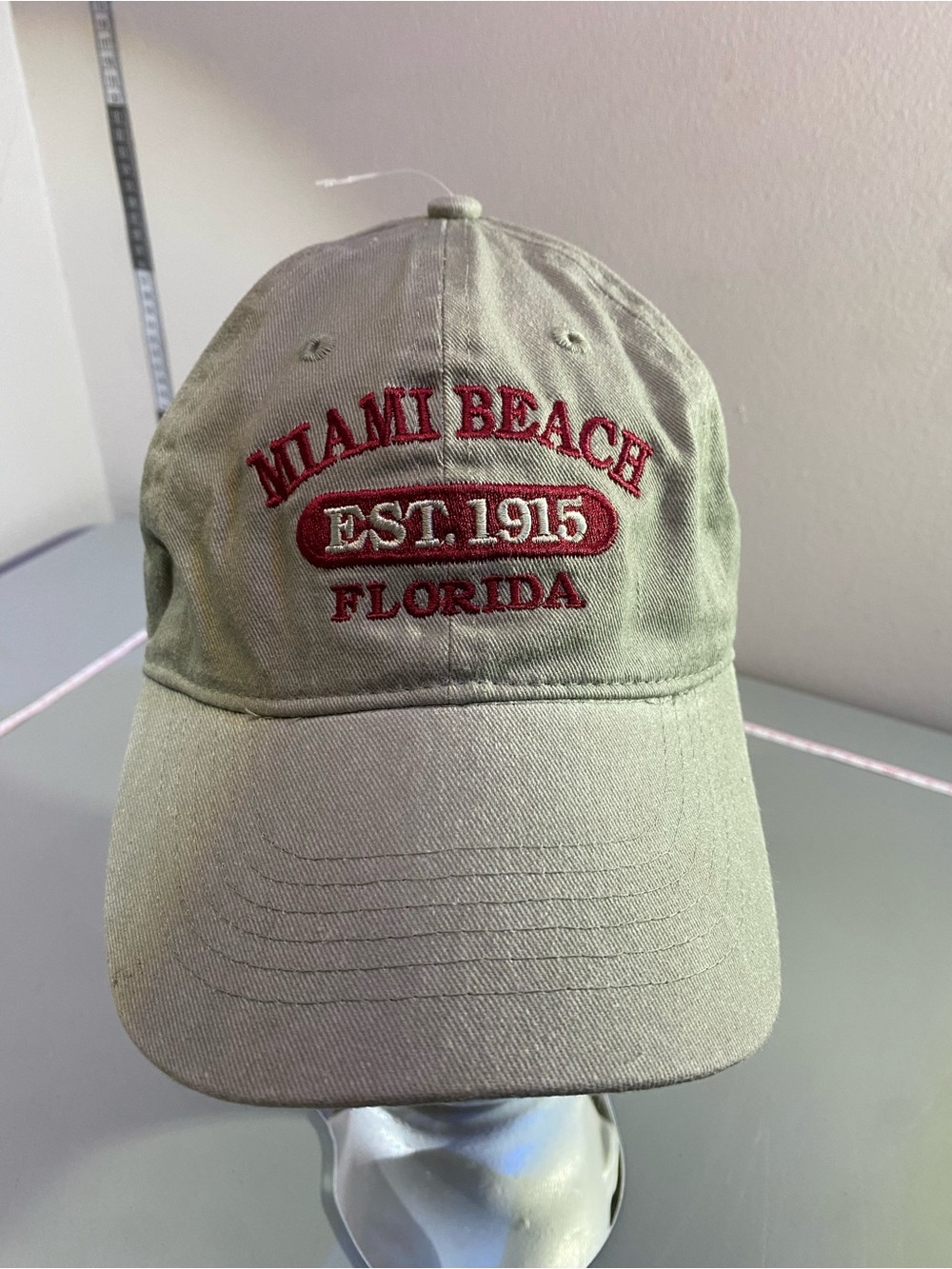 Miami Beach EST. 1915 Embroidered Baseball Cap adjust. - Olive with Red Unisex